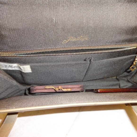 J.MILLER FOR PRESTIGE-VINTAGE KHAKI/BEIGE LEATHER HANDBAG-BOW ACCENT - Picture 6 of 6